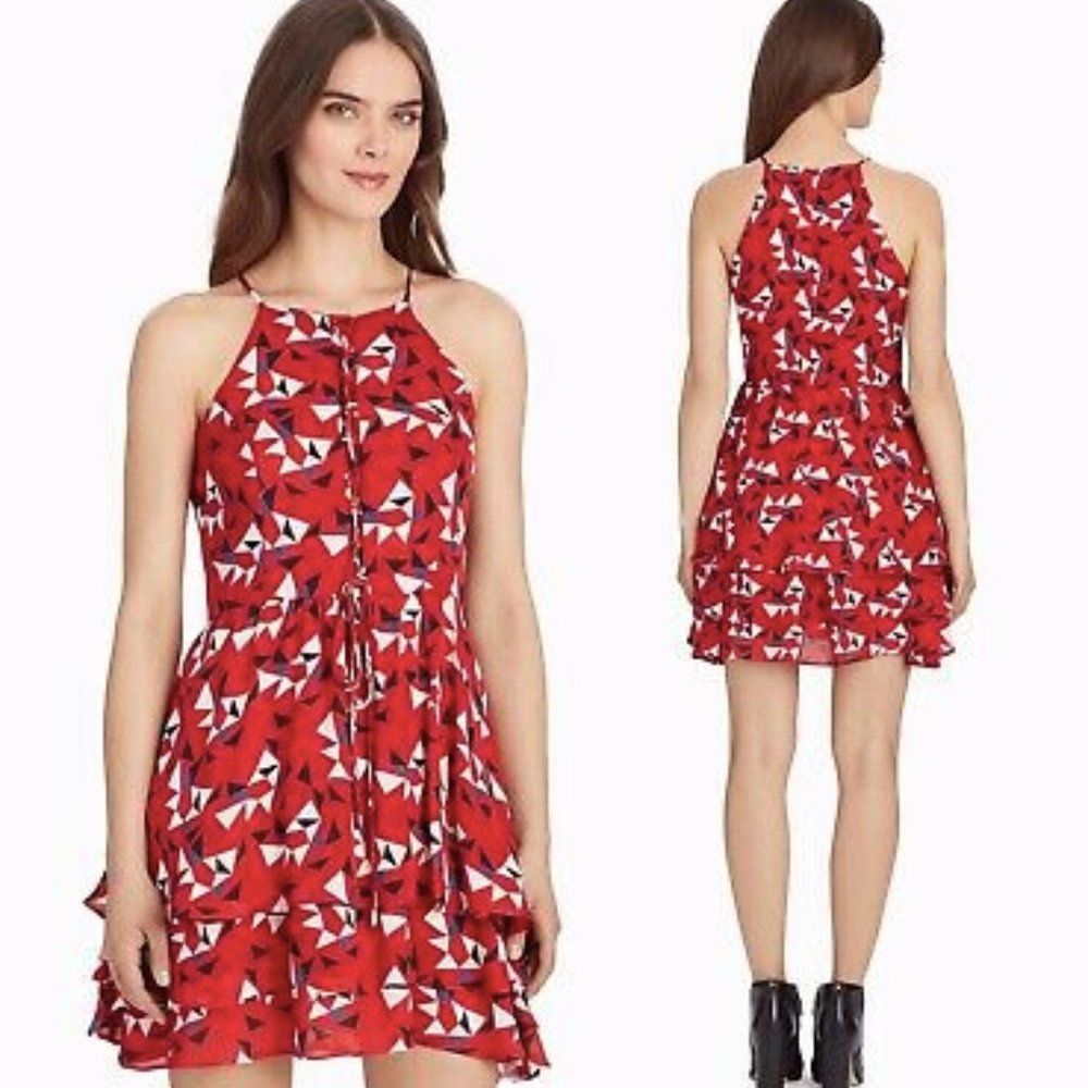 Parker Silk Halter Mini Dress Red Geometric Print Lace Up Tiered XS P7B3141GEP
